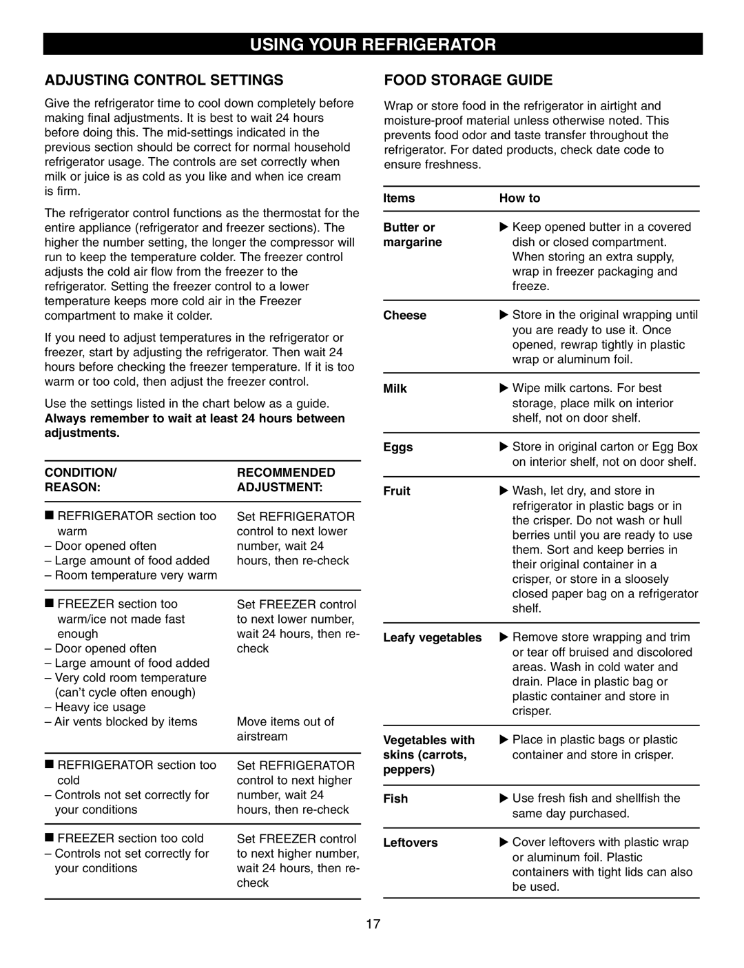 LG Electronics LFC25760 manual Adjusting Control Settings, Food Storage Guide 