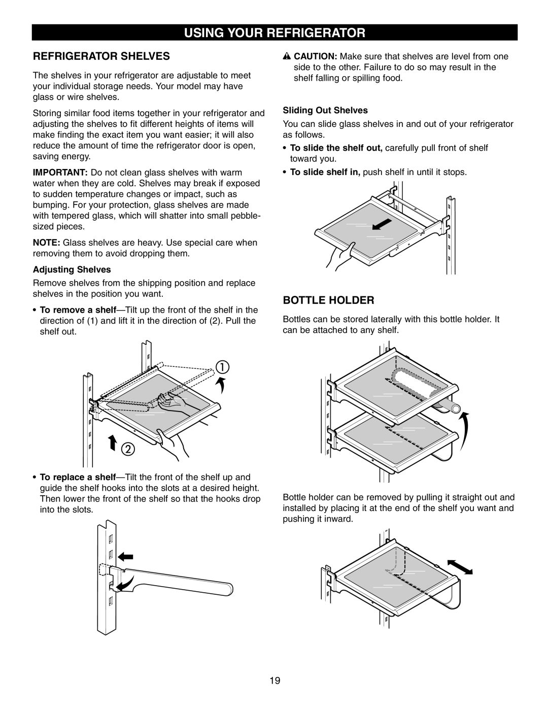 LG Electronics LFC25760 manual Refrigerator Shelves, Bottle Holder, Adjusting Shelves, Sliding Out Shelves 