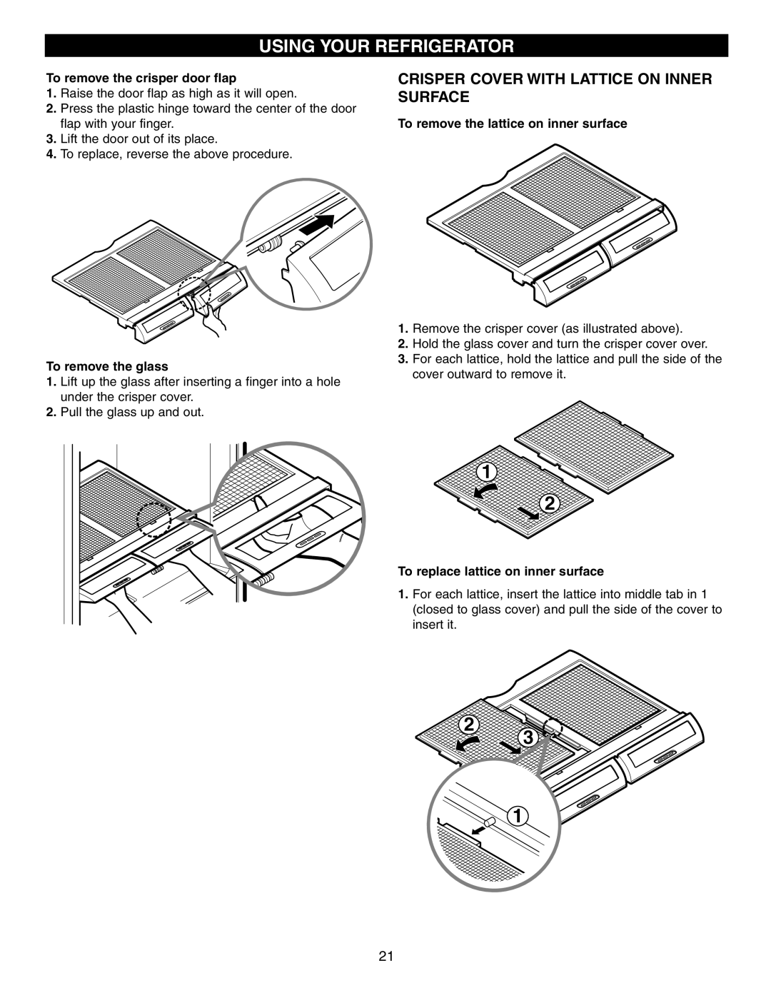 LG Electronics LFC25760 Crisper Cover with Lattice on Inner Surface, To remove the crisper door flap, To remove the glass 