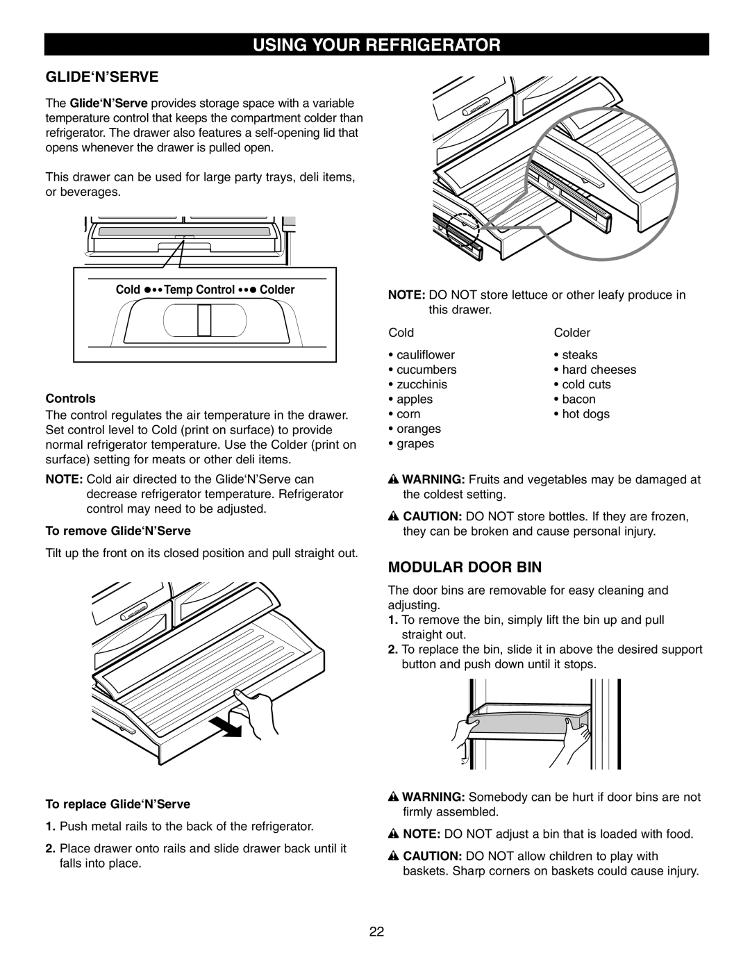 LG Electronics LFC25760 manual Modular Door BIN, Cold Temp Control Colder Controls, To remove Glide‘N’Serve 