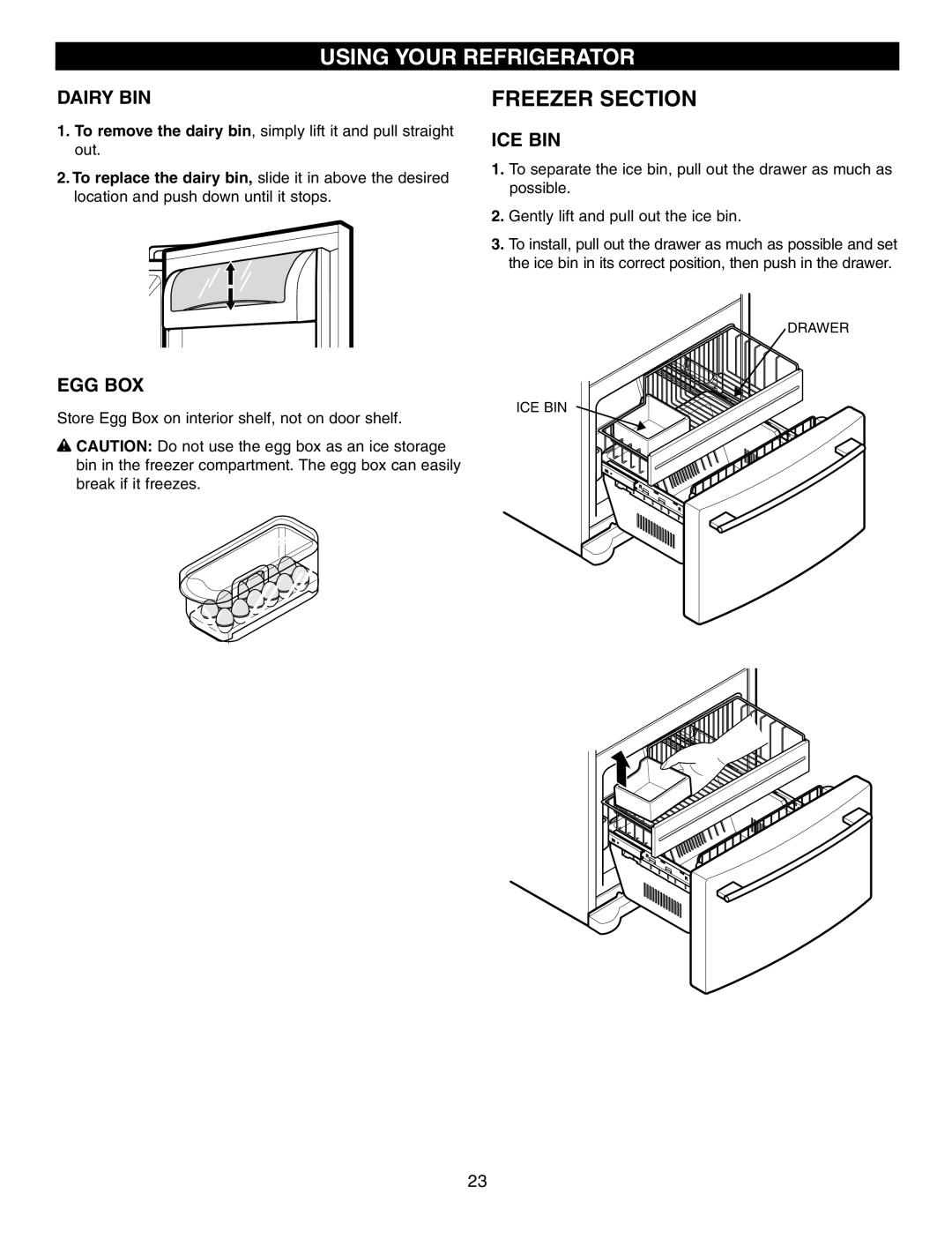 LG Electronics LFC25760 manual Dairy BIN, Ice Bin, Egg Box 