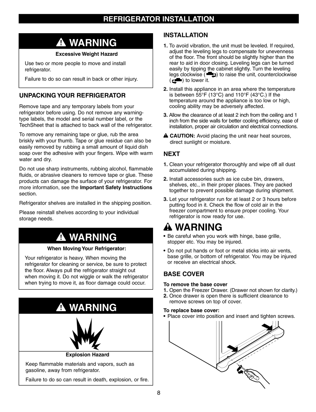 LG Electronics LFC25760 manual Refrigerator Installation, Unpacking Your Refrigerator, Next, Base Cover 