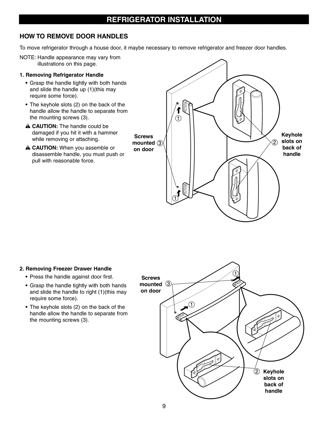 LG Electronics LFC25760 manual HOW to Remove Door Handles, Removing Refrigerator Handle, Removing Freezer Drawer Handle 