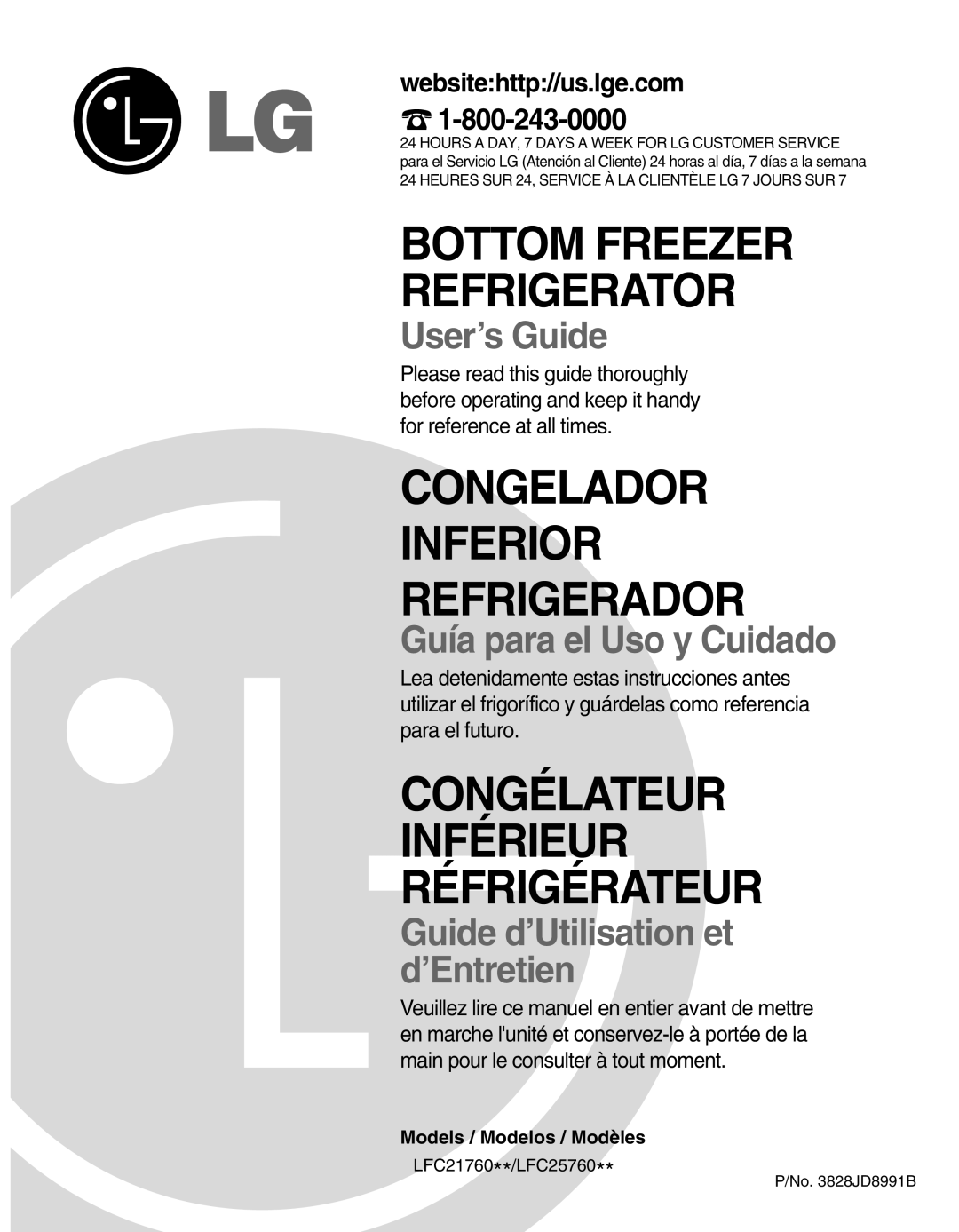 LG Electronics LFC25760 manual Congelador Inferior Refrigerador, Congélateur Inférieur Réfrigérateur, User’s Guide 