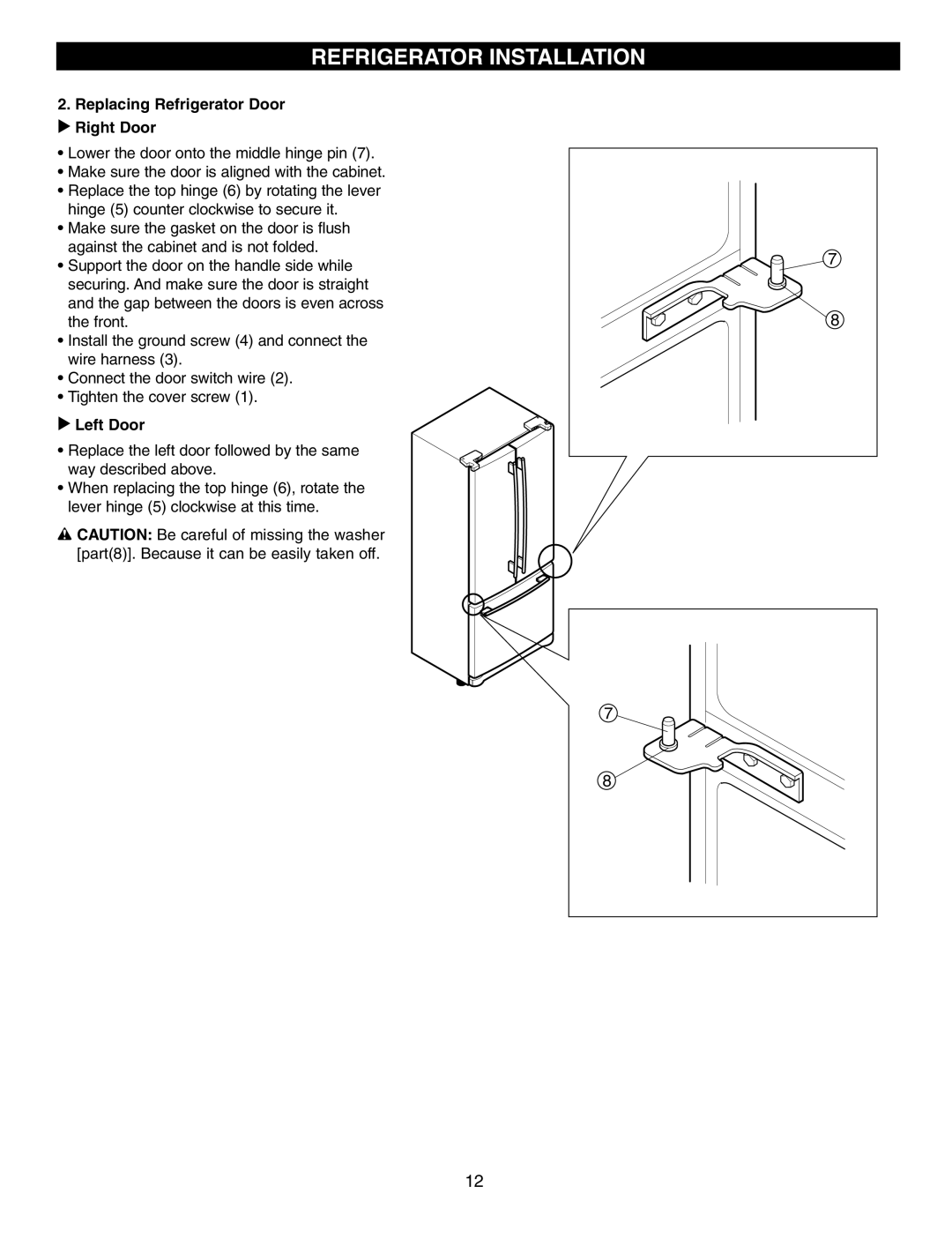 LG Electronics LFC25760 manual Refrigerator Installation, Replacing Refrigerator Door u Right Door, u Left Door 