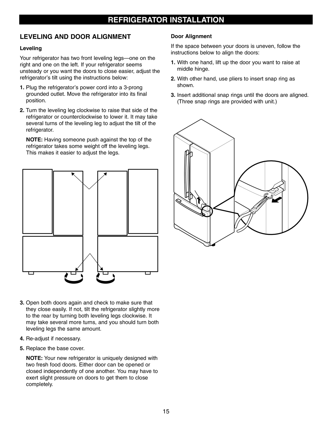 LG Electronics LFC25760 manual Refrigerator Installation, Leveling And Door Alignment 