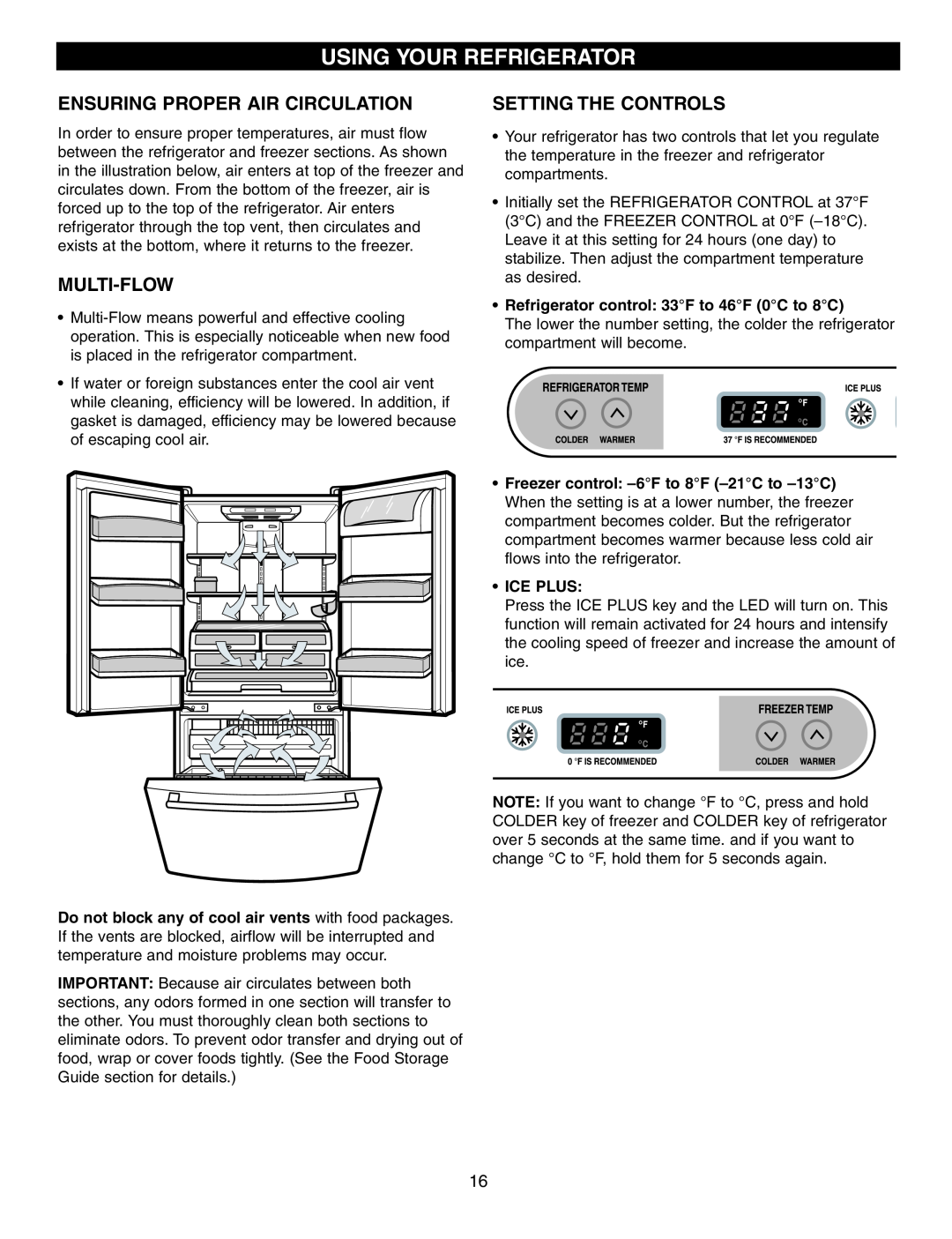 LG Electronics LFC25760 manual Using Your Refrigerator, Ensuring Proper Air Circulation, Multi-Flow, Setting The Controls 