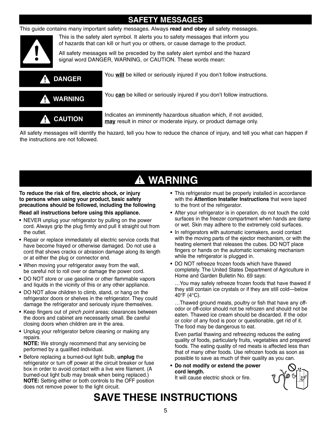 LG Electronics LFC25760 Save These Instructions, Safety Messages, Danger, Do not modify or extend the power cord length 