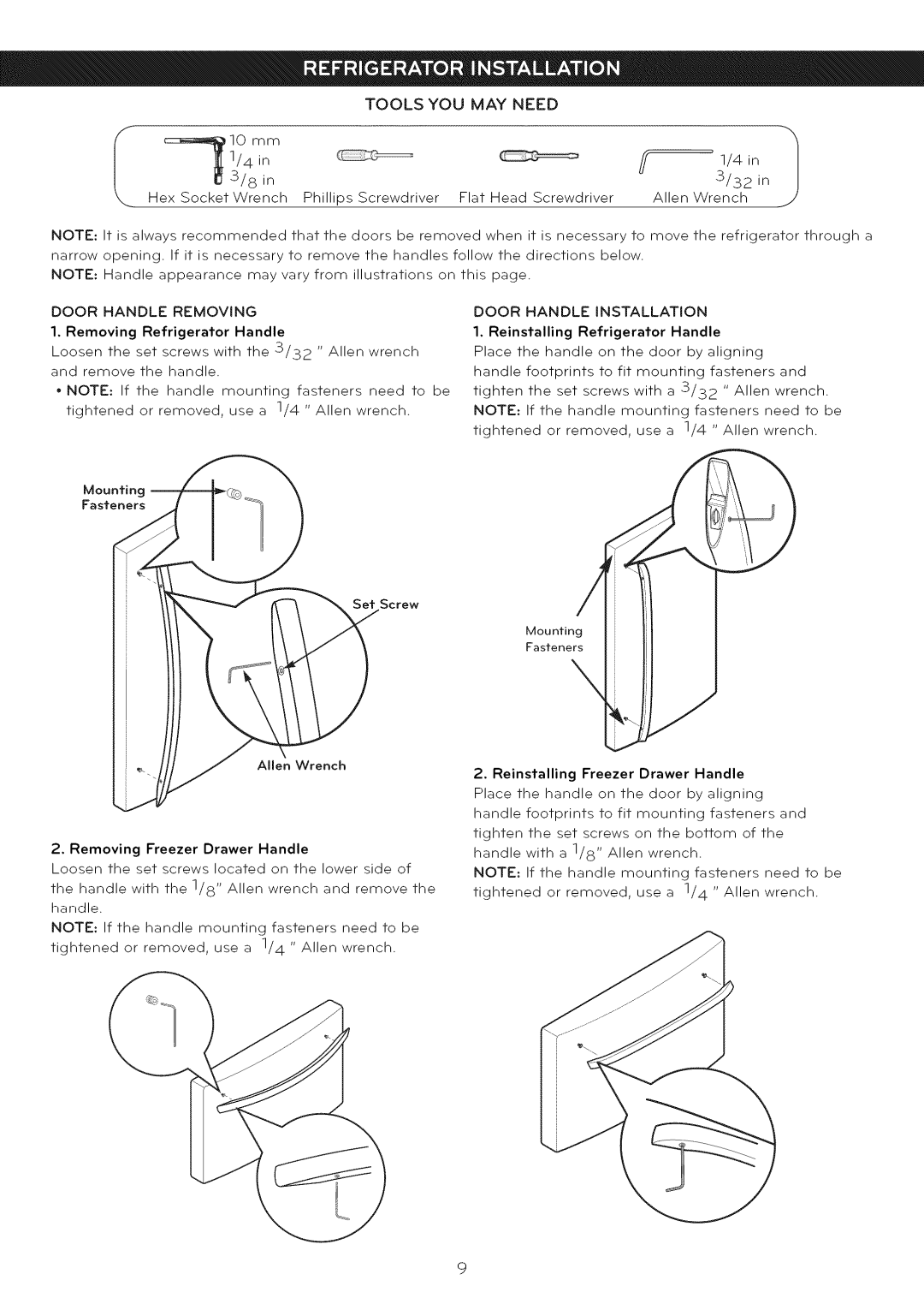 LG Electronics LFC25765 manual Door Handle Removing Installation, Removing Freezer Drawer Handle 