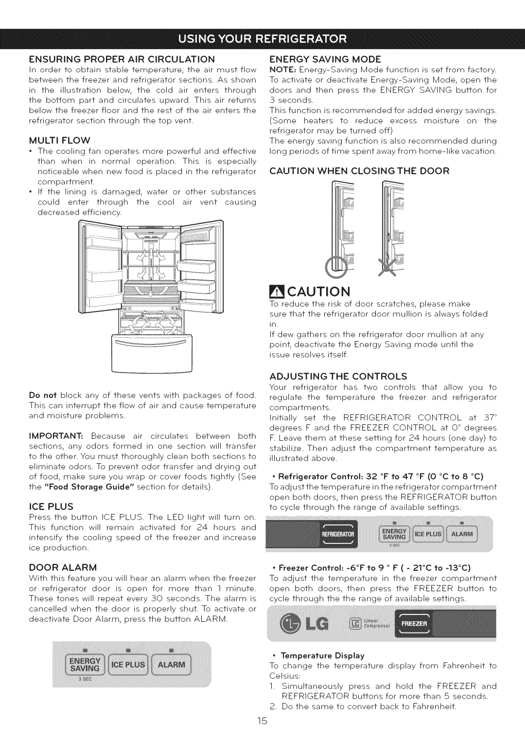 LG Electronics LFC25765 Ensuring Proper AIR Circulation Energy Saving Mode, Multi Flow, ICE Plus, Adjusting the Controls 