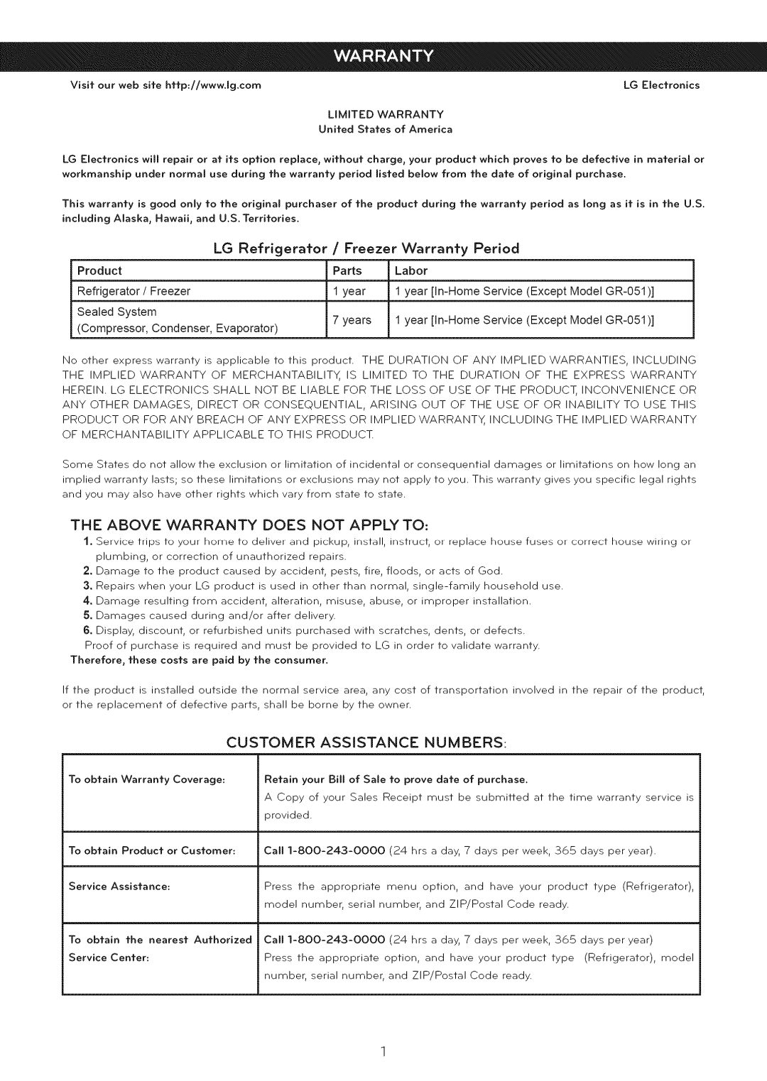 LG Electronics LFC25765 manual LG Refrigerator, Freezer, Period, Limited Warranty 