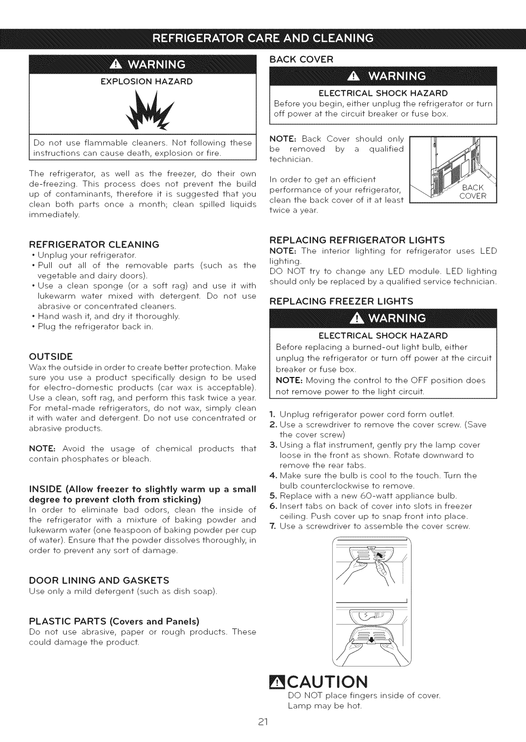 LG Electronics LFC25765 manual Back Cover, Door Lining and Gaskets 