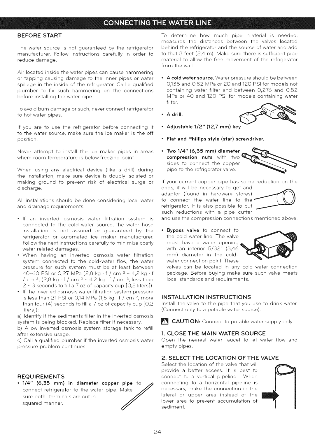 LG Electronics LFC25765 manual Installation Instructions, Close the Main Water Source, Before Start, Requirements, Diameter 