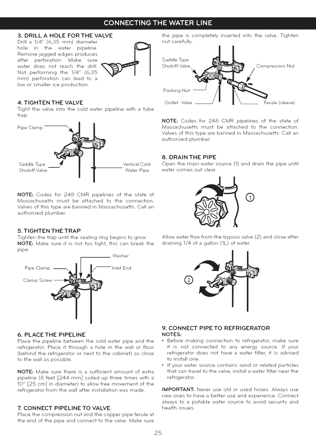 LG Electronics LFC25765 manual Tighten the Valve, Tighten the Trap, Connect Pipe to Refrigerator, Drain the Pipe 