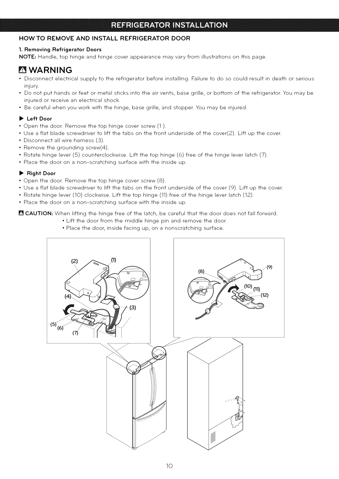 LG Electronics LFC25765 manual How To Remove And Install Refrigerator Door, Removing Refrigerator Doors 