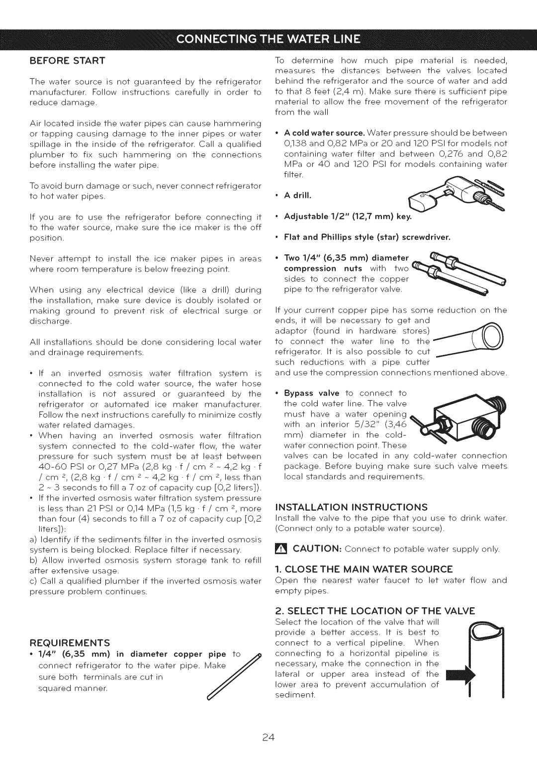 LG Electronics LFC25765 manual Installation Instructions, Close The Main Water Source, in diameter 