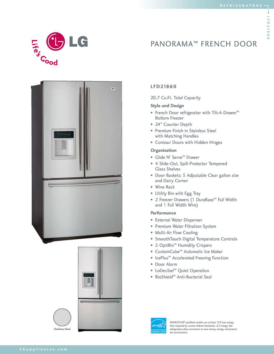 LG Electronics LFD21860 manual Panorama French Door, L F D, Style and Design, Organization, Performance 