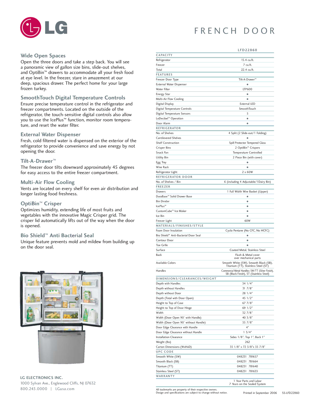 LG Electronics LFD22860 manual Wide Open Spaces, SmoothTouch Digital Temperature Controls, External Water Dispenser 