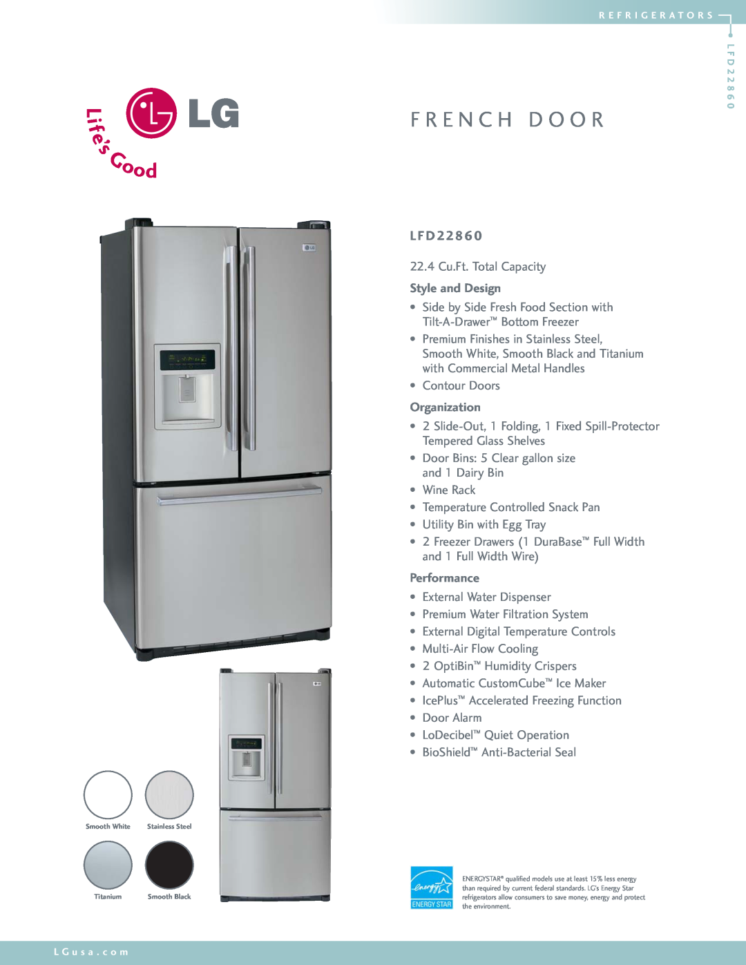 LG Electronics LFD22860 manual F R E N C H D O O R, L F D, Style and Design, Organization, Performance 