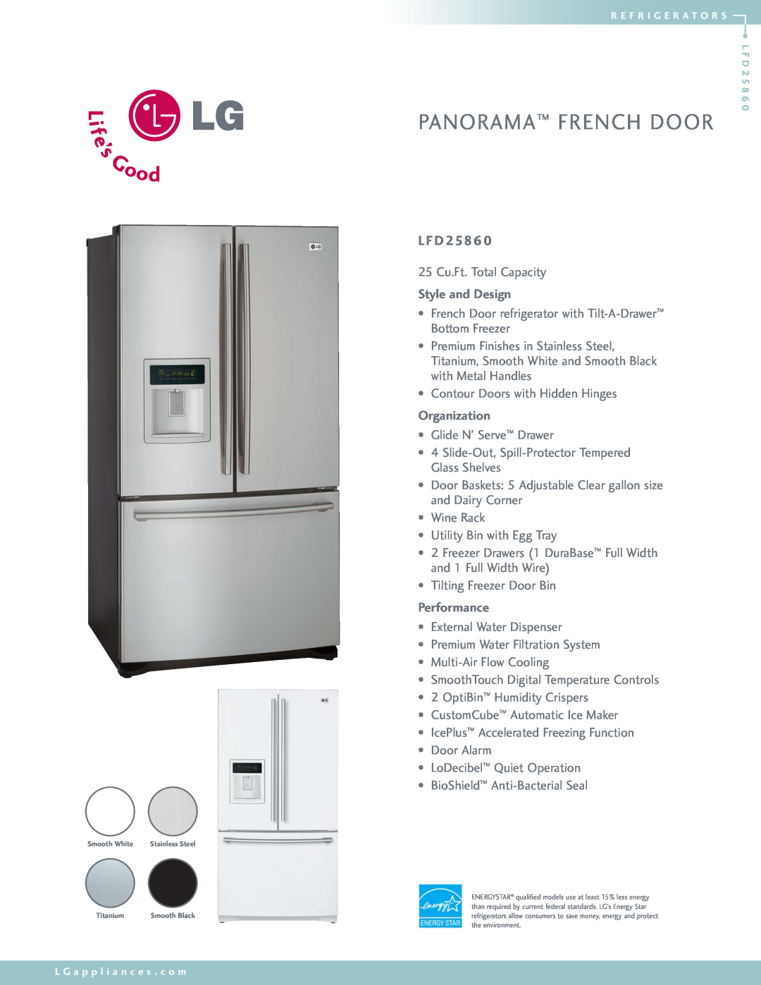 LG Electronics LFD25860 manual Panorama French Door, L F D, Style and Design, Organization, Performance 