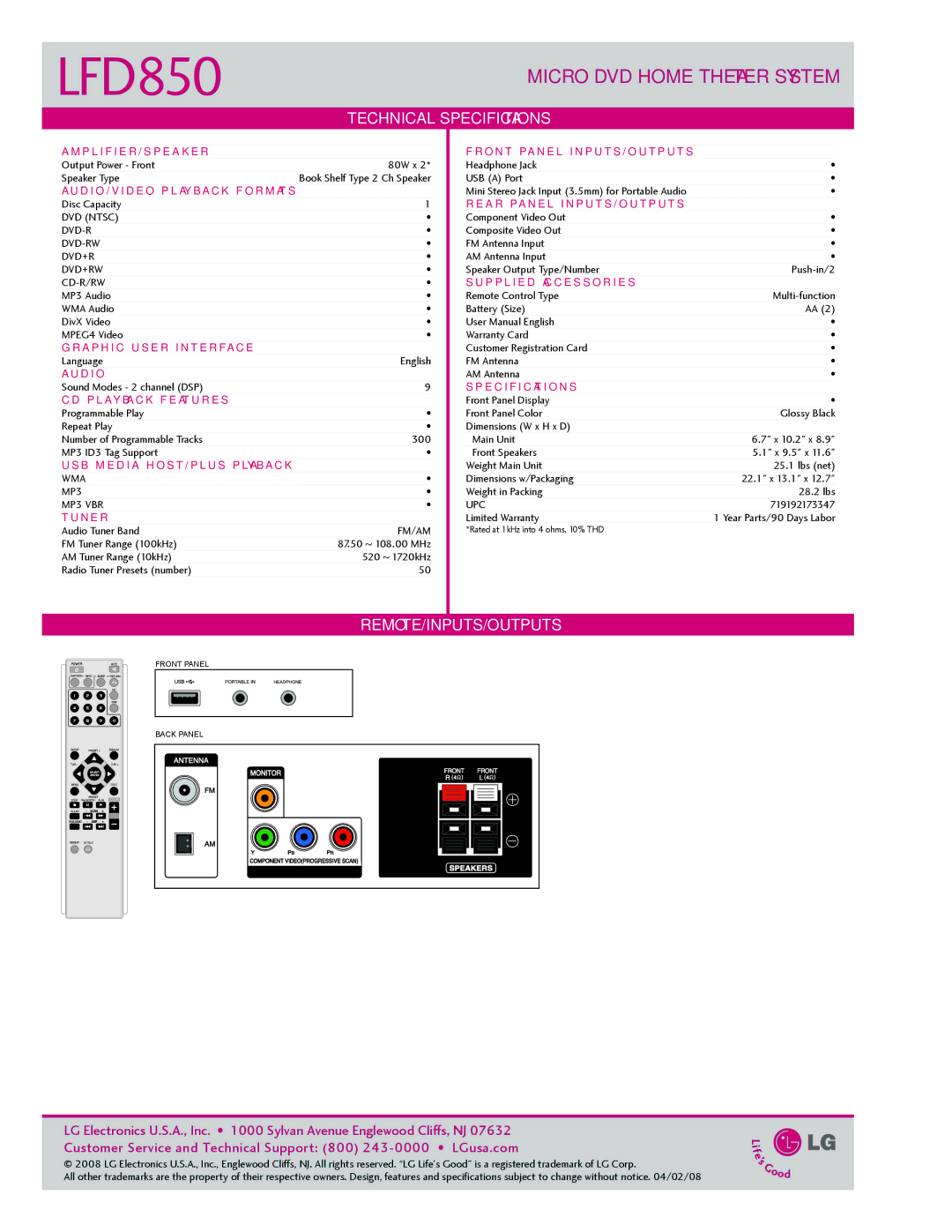 LG Electronics LFD850 manual Technical Specifications, Remote/Inputs/Outputs 