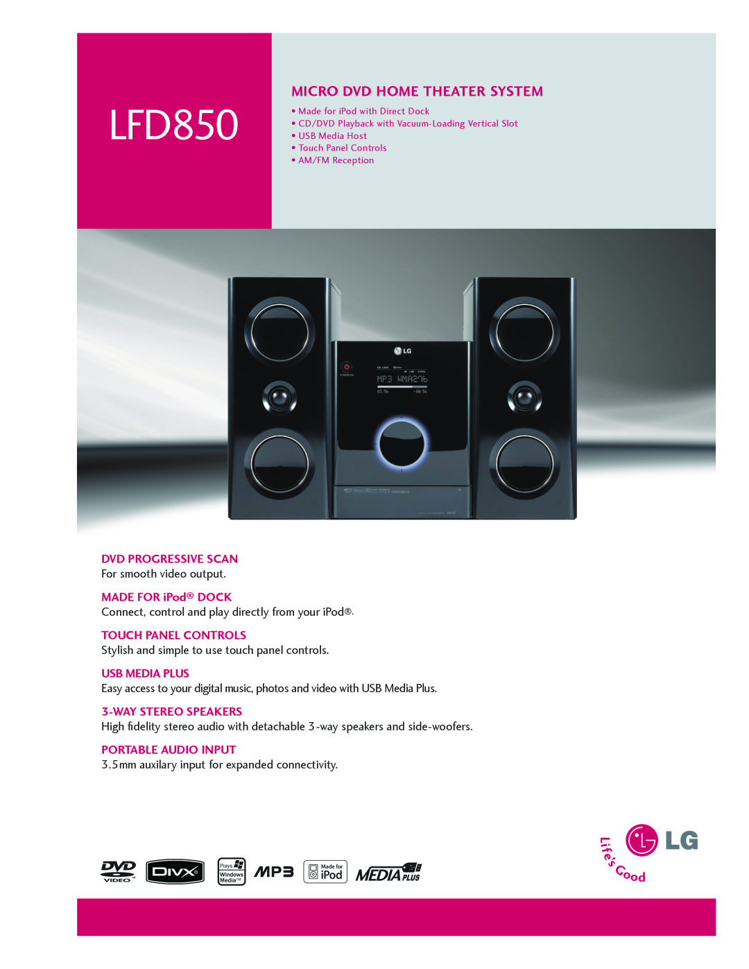 LG Electronics LFD850 manual Micro DVD Home Theater System, Dvd Progressive Scan, Made for iPod Dock, Touch Panel Controls 