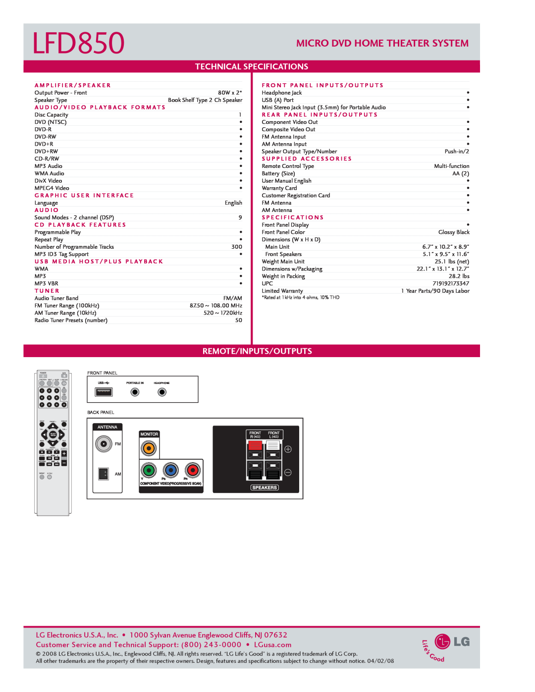 LG Electronics LFD850 manual Micro DVD Home Theater System, Technical Specifications, Remote/Inputs/Outputs 
