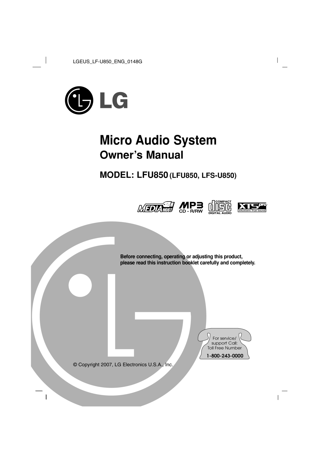 LG Electronics LF-U850, LFS-U850 owner manual Micro Audio System 