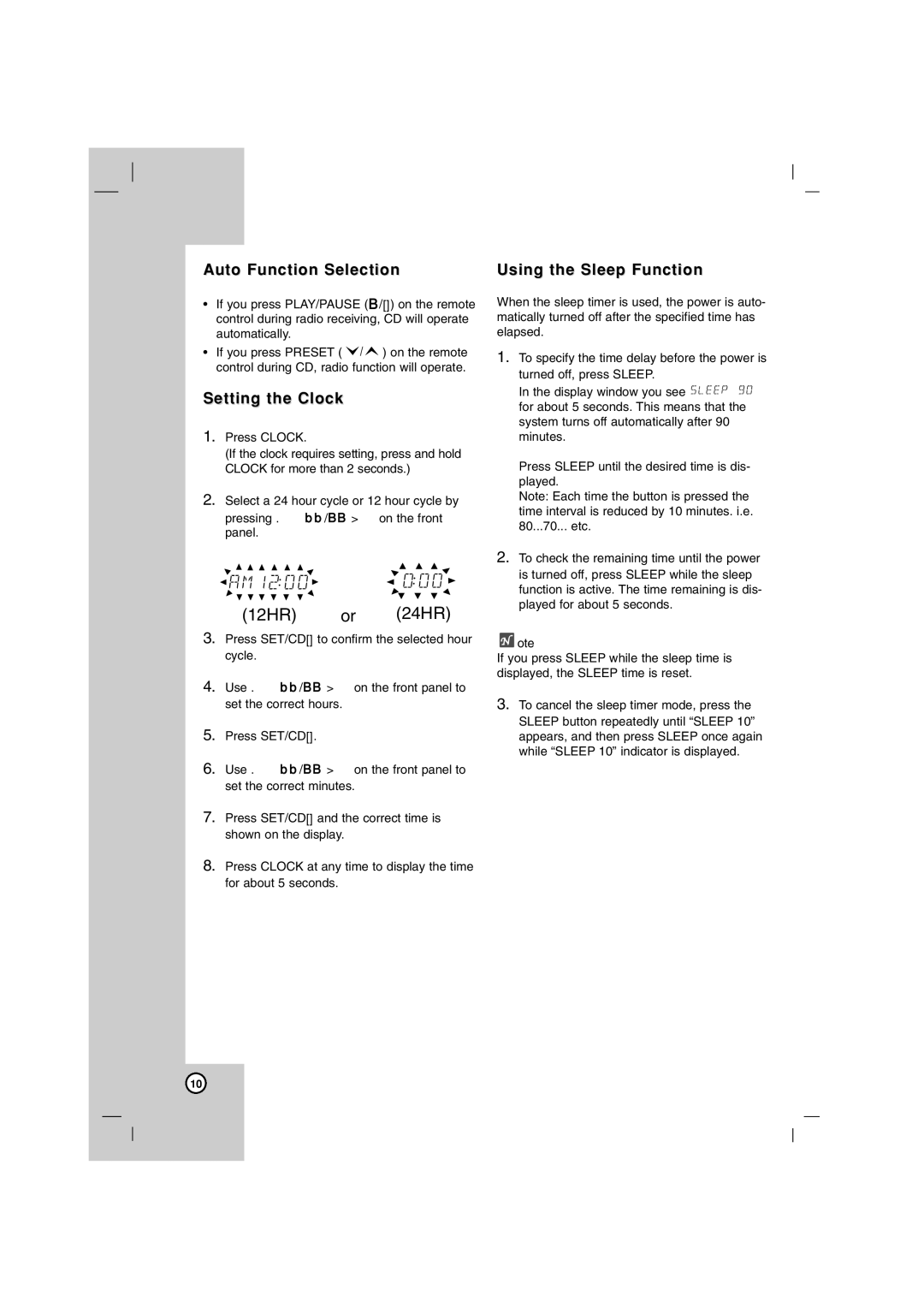 LG Electronics LFS-U850, LF-U850 owner manual Auto Function Selection, Setting the Clock, Using the Sleep Function 