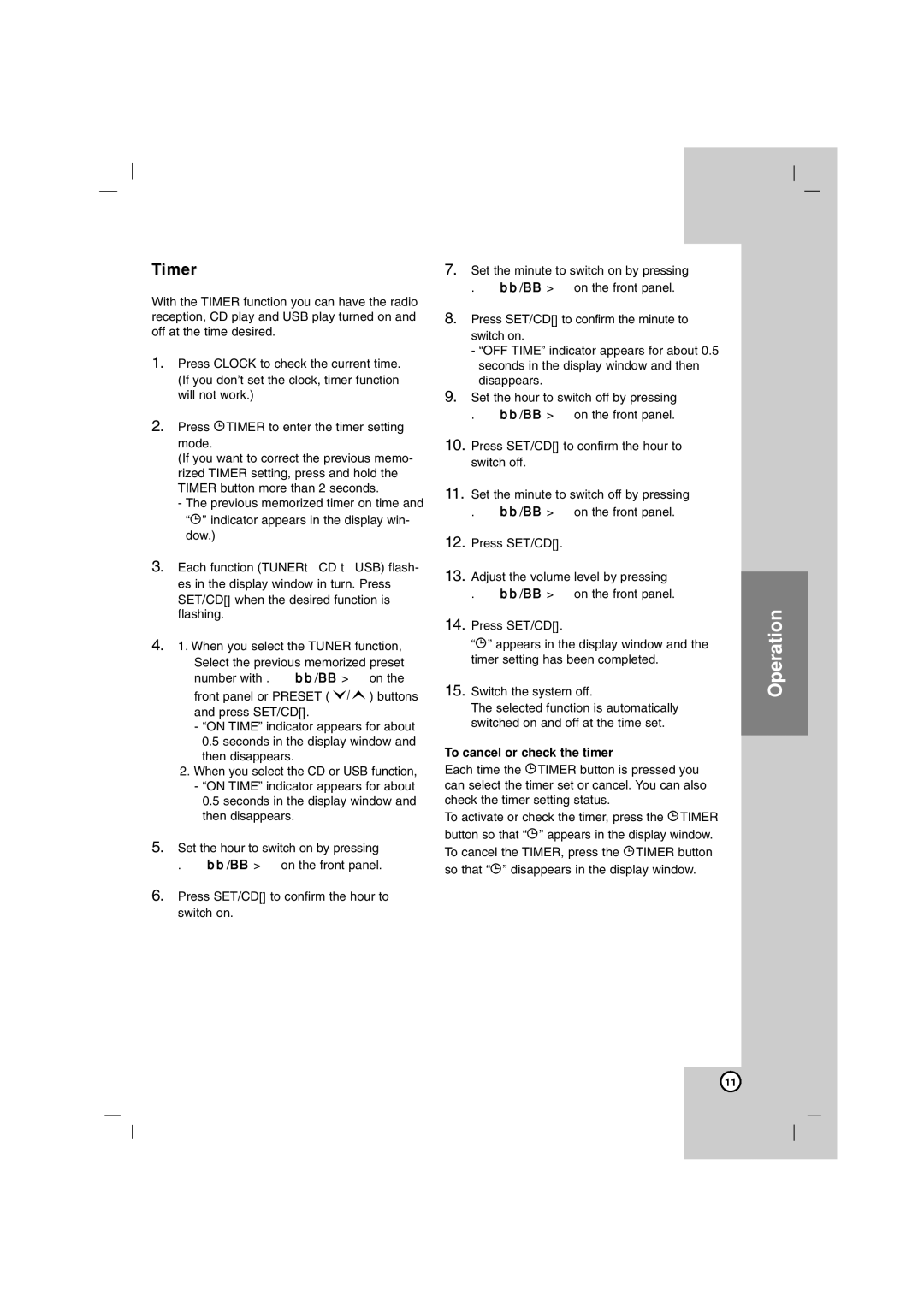 LG Electronics LF-U850, LFS-U850 owner manual Title Title Operation Operation, Timer, To cancel or check the timer 