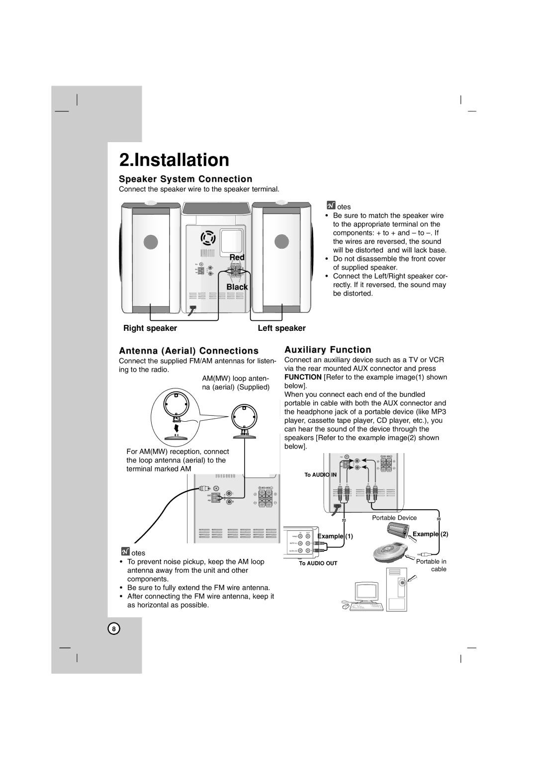 LG Electronics LFS-U850, LF-U850 Installation, Speaker System Connection, Antenna Aerial Connections, Auxiliary Function 