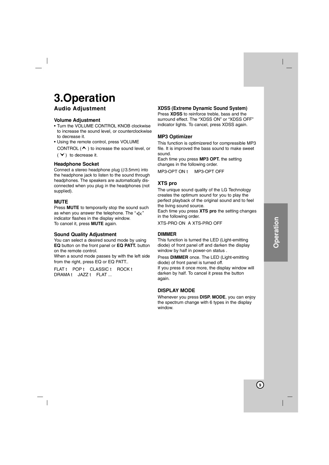 LG Electronics LF-U850, LFS-U850 owner manual Title Operation Installation title, Audio Adjustment 