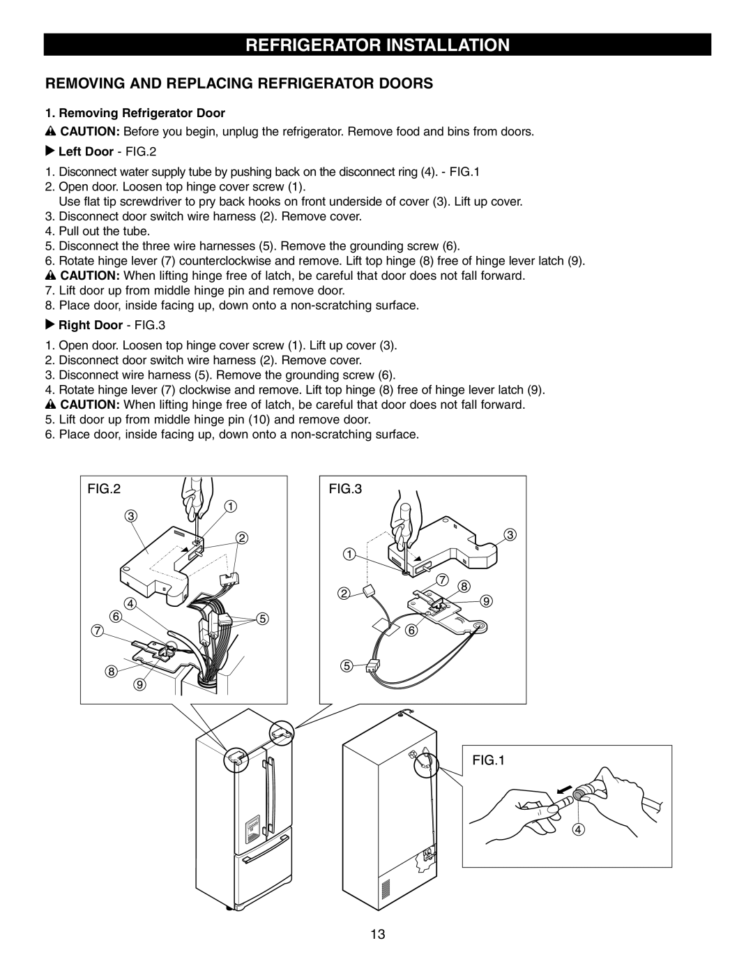 LG Electronics LFX21960 manual Removing and Replacing Refrigerator Doors, Removing Refrigerator Door Left Door, Right Door 