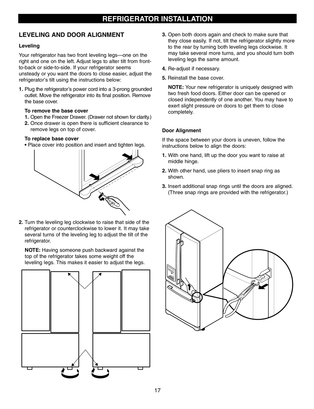 LG Electronics LFX21960 manual Leveling and Door Alignment, To remove the base cover, To replace base cover 