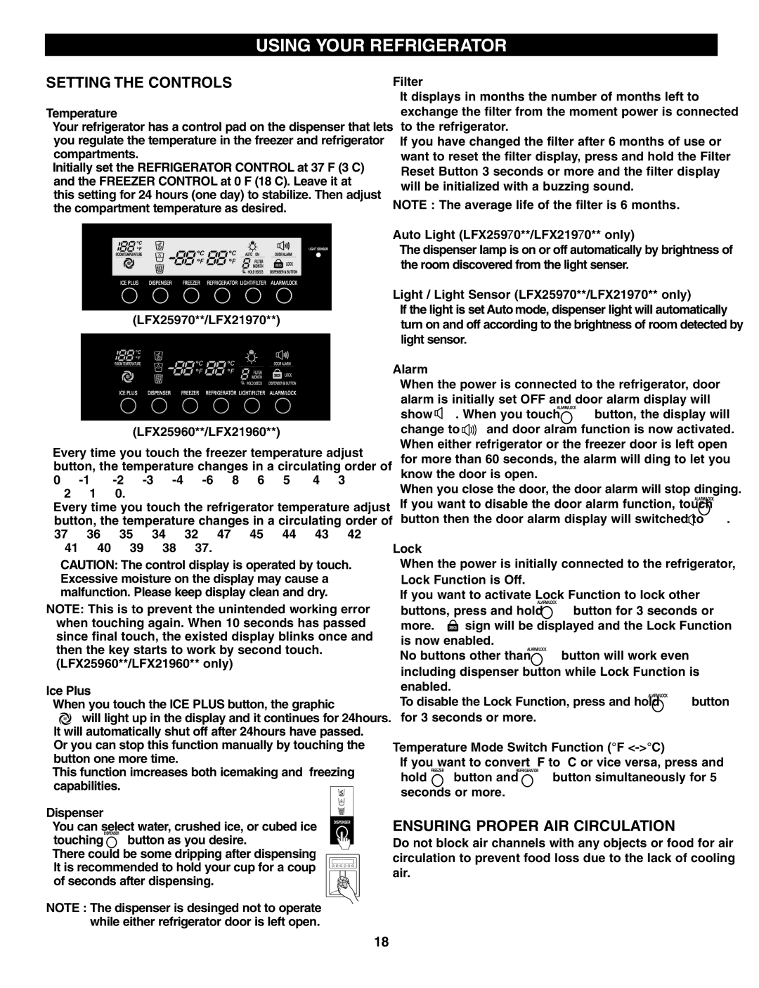 LG Electronics LFX21960 manual Using Your Refrigerator, Setting the Controls, Ensuring Proper AIR Circulation 