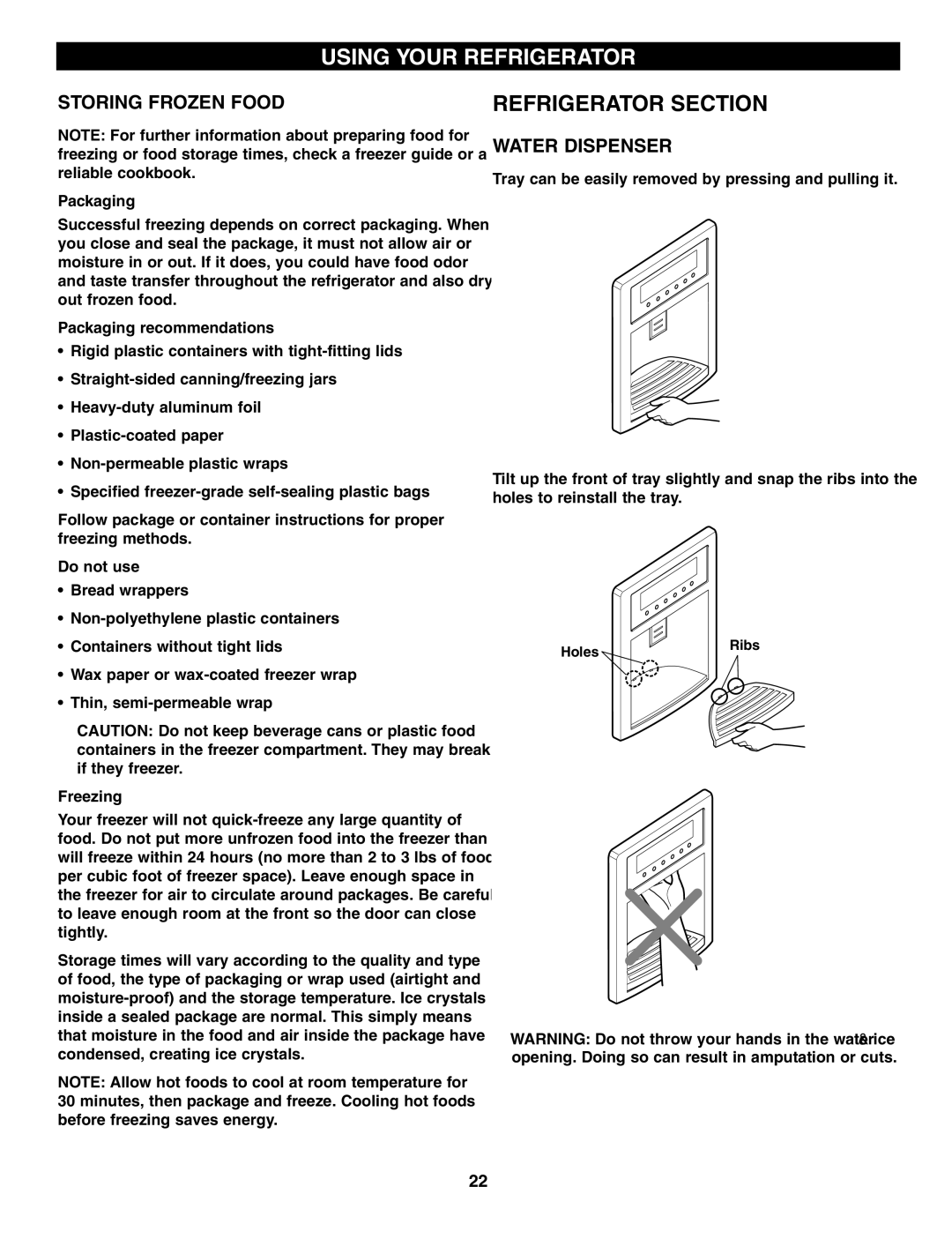 LG Electronics LFX21960 manual Storing Frozen Food, Water Dispenser 