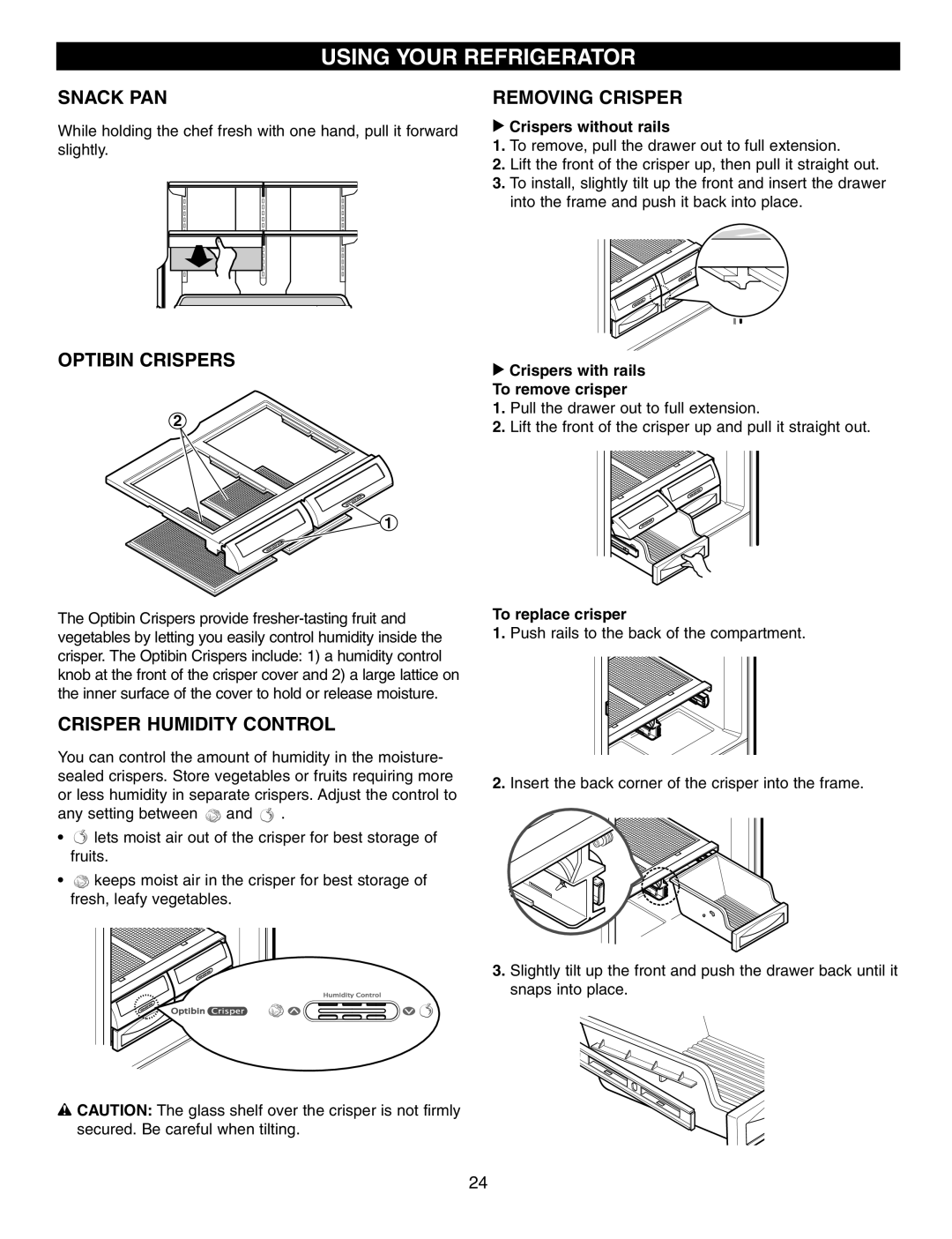 LG Electronics LFX21960 manual Snack PAN, Optibin Crispers Removing Crisper, Crisper Humidity Control 