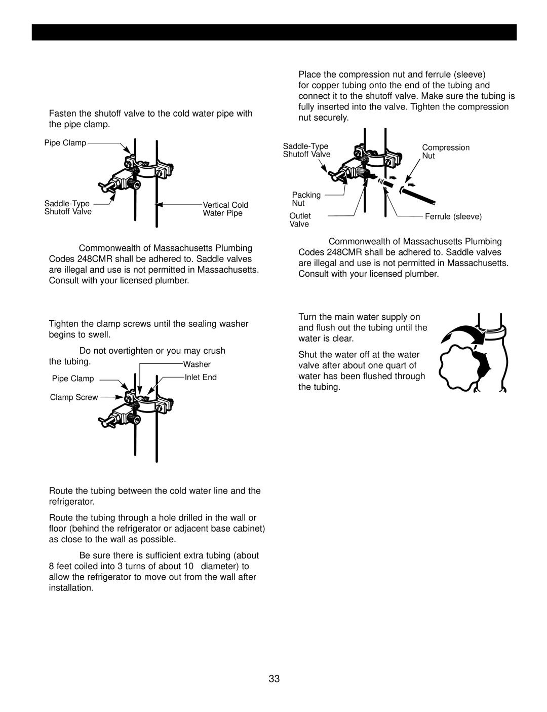 LG Electronics LFX21960 manual Fasten the Shutoff Valve, Connect the Tubing to the Valve, Tighten the Pipe Clamp 