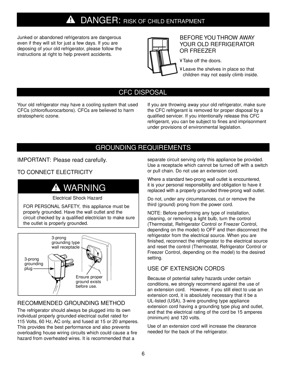 LG Electronics LFX21960 manual CFC Disposal, Grounding Requirements, To Connect Electricity, Recommended Grounding Method 