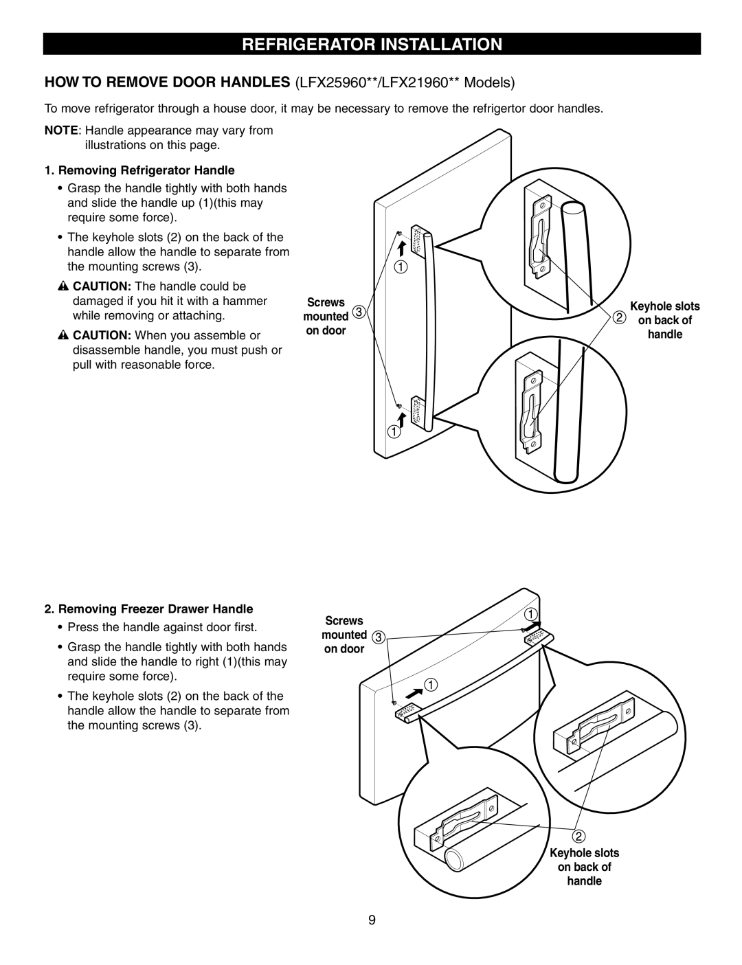 LG Electronics LFX21960 Removing Refrigerator Handle, Removing Freezer Drawer Handle, 2Keyhole slots, Mounted, On door 