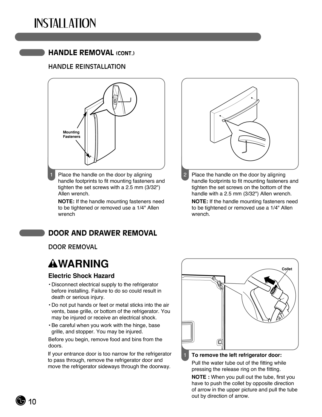 LG Electronics LFX21971**, LFX25971** Door and Drawer Removal, Electric Shock Hazard, To remove the left refrigerator door 