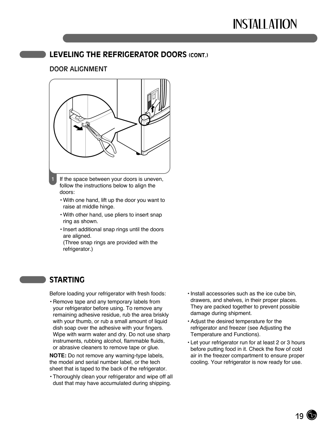 LG Electronics LFX25971**, LFX21971** manual Starting, Door Alignment 