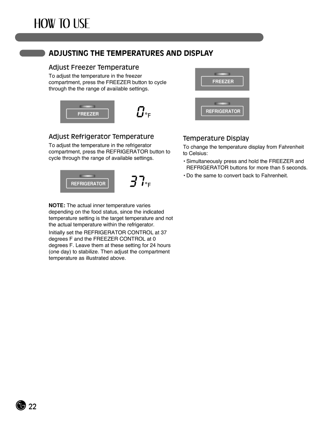 LG Electronics LFX21971**, LFX25971** manual Adjusting the Temperatures and Display, Adjust Freezer Temperature 