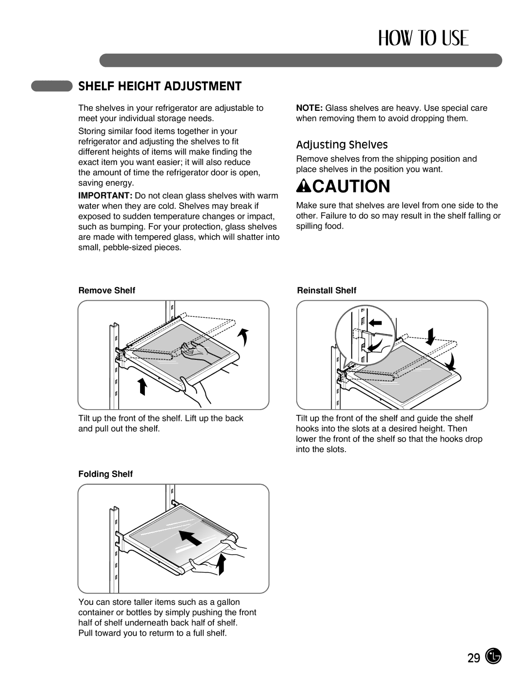 LG Electronics LFX25971**, LFX21971** manual Shelf Height Adjustment, Remove Shelf, Folding Shelf, Reinstall Shelf 