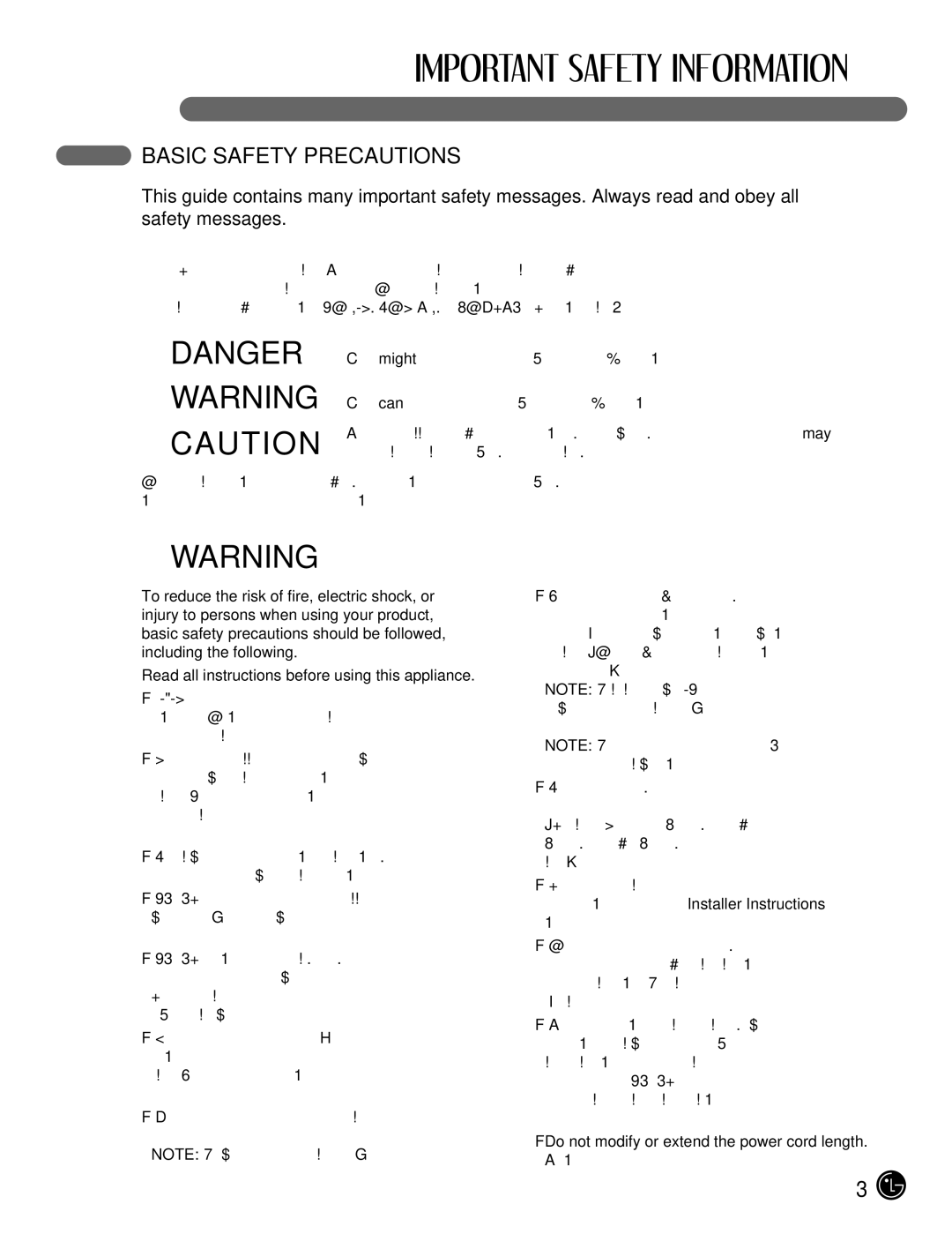 LG Electronics LFX25971**, LFX21971** manual WDANGER wWARNING WCAUTION, Basic Safety Precautions 