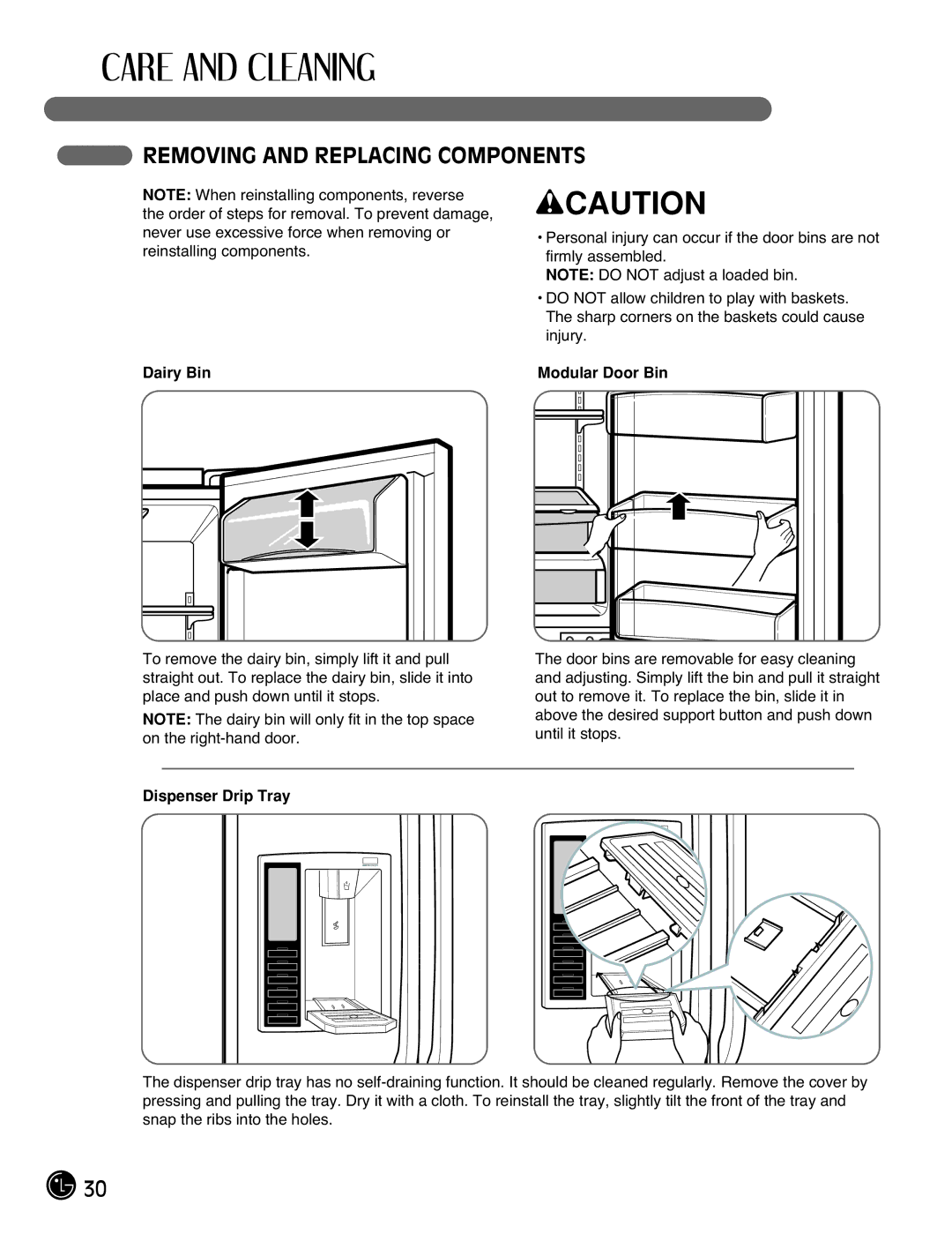 LG Electronics LFX21971**, LFX25971** Removing and Replacing Components, Dairy Bin Modular Door Bin, Dispenser Drip Tray 