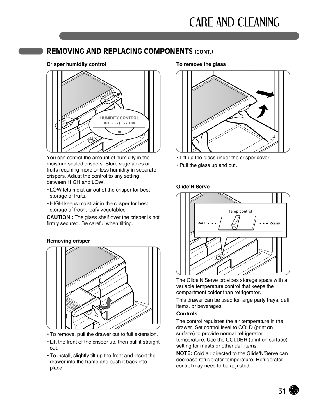 LG Electronics LFX25971**, LFX21971** manual Crisper humidity control To remove the glass, Removing crisper, Controls 