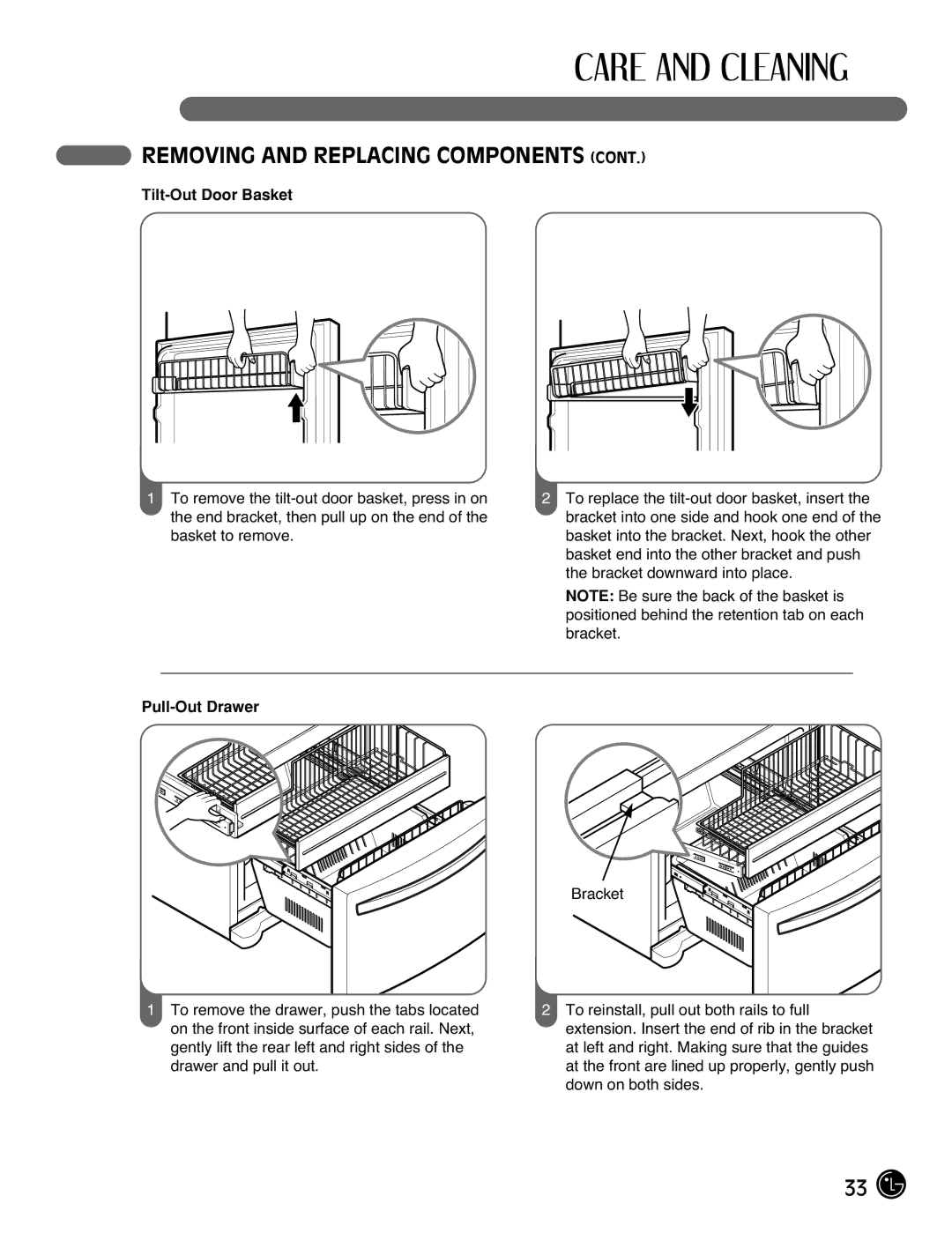 LG Electronics LFX25971**, LFX21971** manual Tilt-Out Door Basket, Pull-Out Drawer 