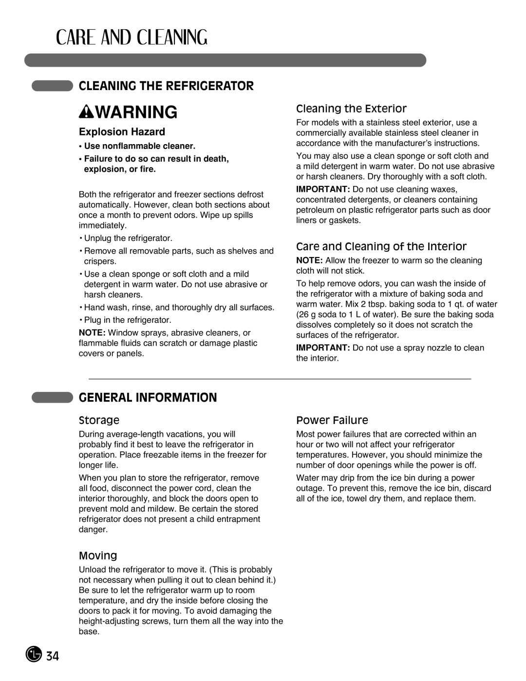 LG Electronics LFX21971**, LFX25971** manual Cleaning the Refrigerator, General Information, Explosion Hazard 