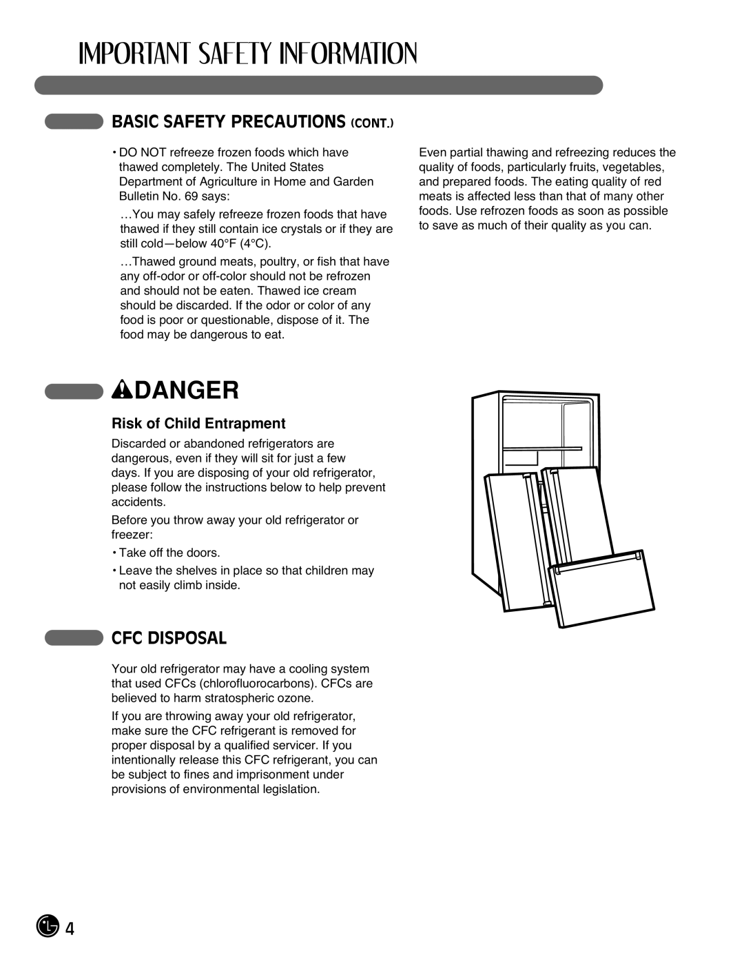 LG Electronics LFX21971**, LFX25971** manual CFC Disposal, Risk of Child Entrapment 